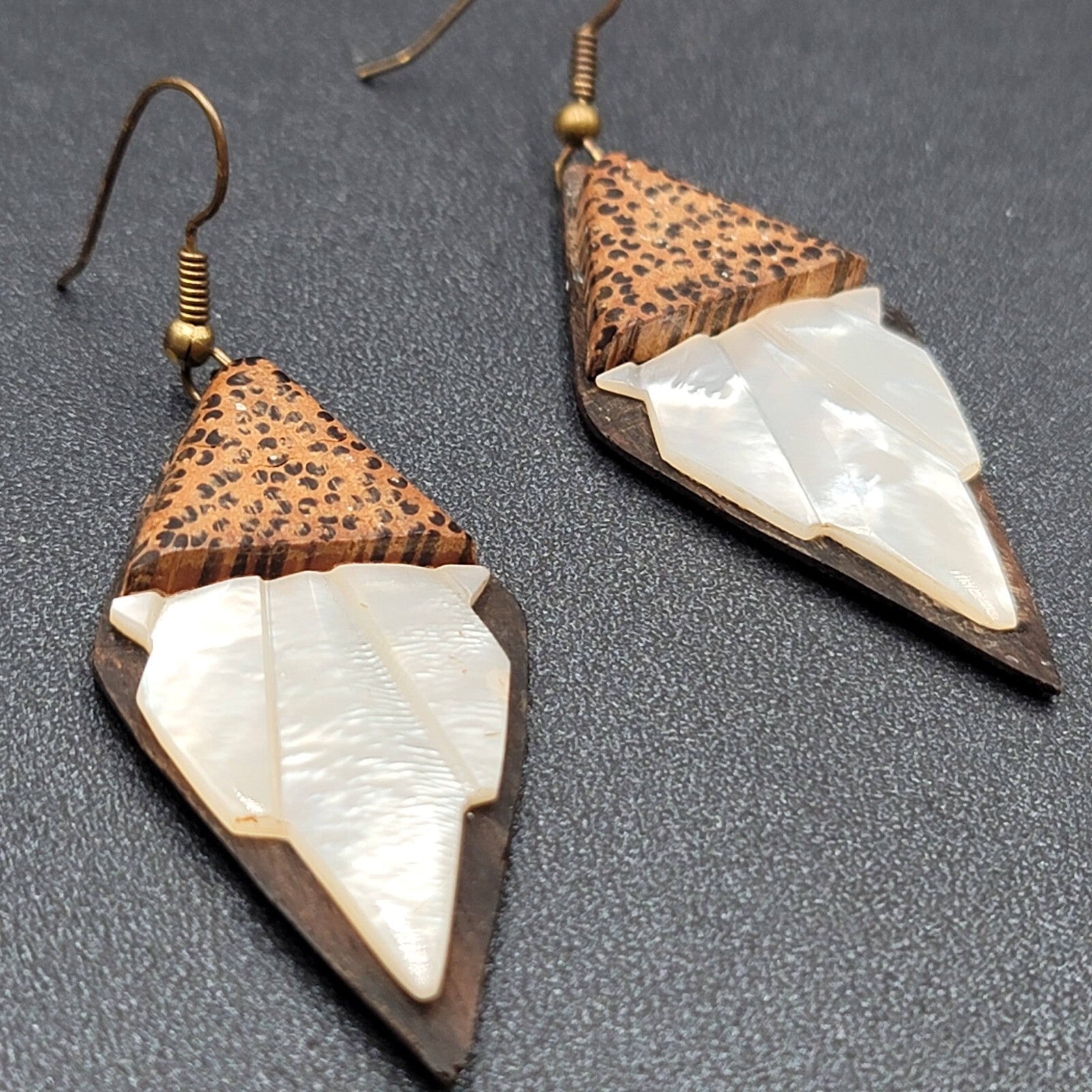 Vintage Pierced Earrings Wood Mother of Pearl Unique Hand Carved Dangle 2 1/8"