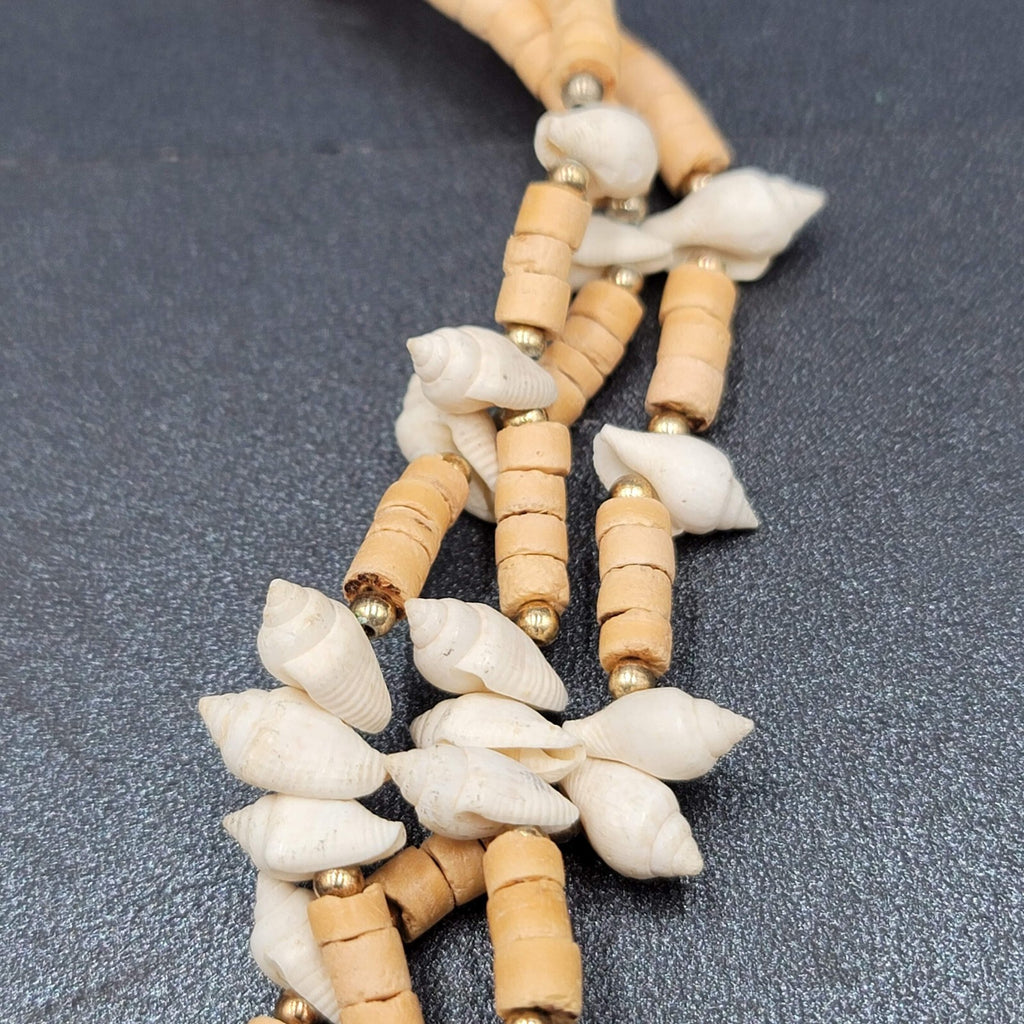 Vintage Necklace Wood Bead Shell Gold tone Boho Estate Costume Jewelry 24"