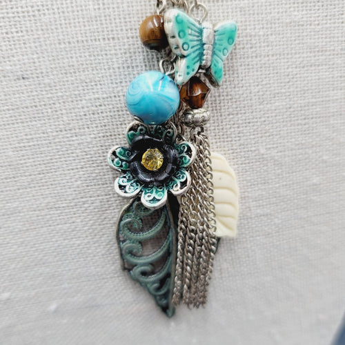 Boho Charm Necklace Layered Double Chain Silver tone Butterfly Leaf Enamel 16"