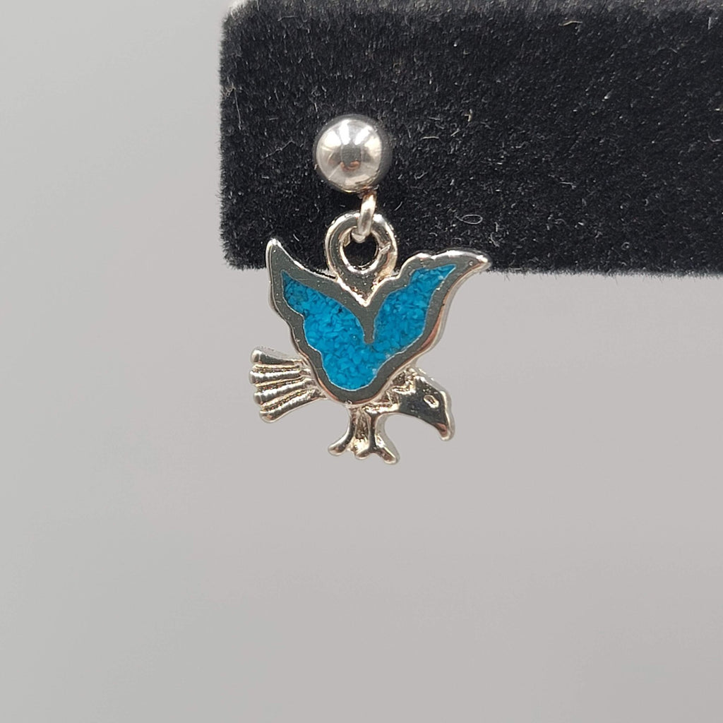 Vintage Eagle Pierced Earrings Turquoise Chip Inlay Silver tone Dangle 3/4"