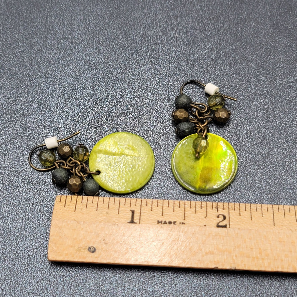 Pierced Earrings Green Shell and Beaded Dangle 1.25"