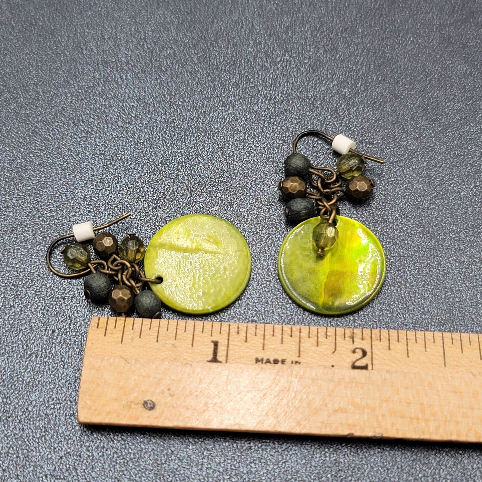 Pierced Earrings Green Shell and Beaded Dangle 1.25"