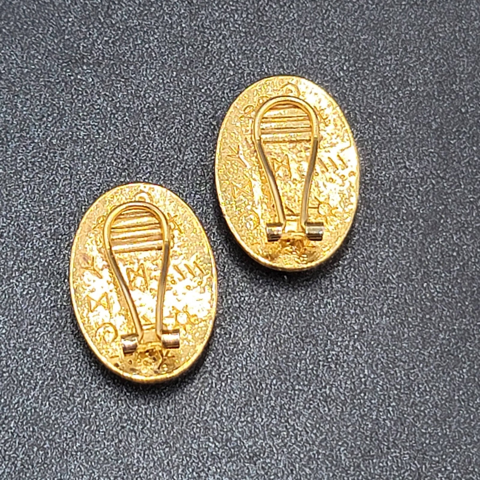 Vintage Runes Clip on Earrings Gold Plated Black Oval 1 1/8"