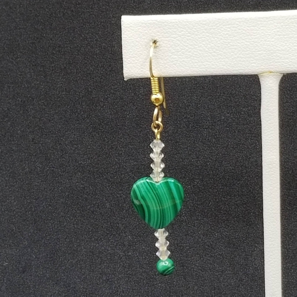 Pierced Earrings Gold tone Green Malachite Heart Crystal Beaded Dangle 1 3/8"