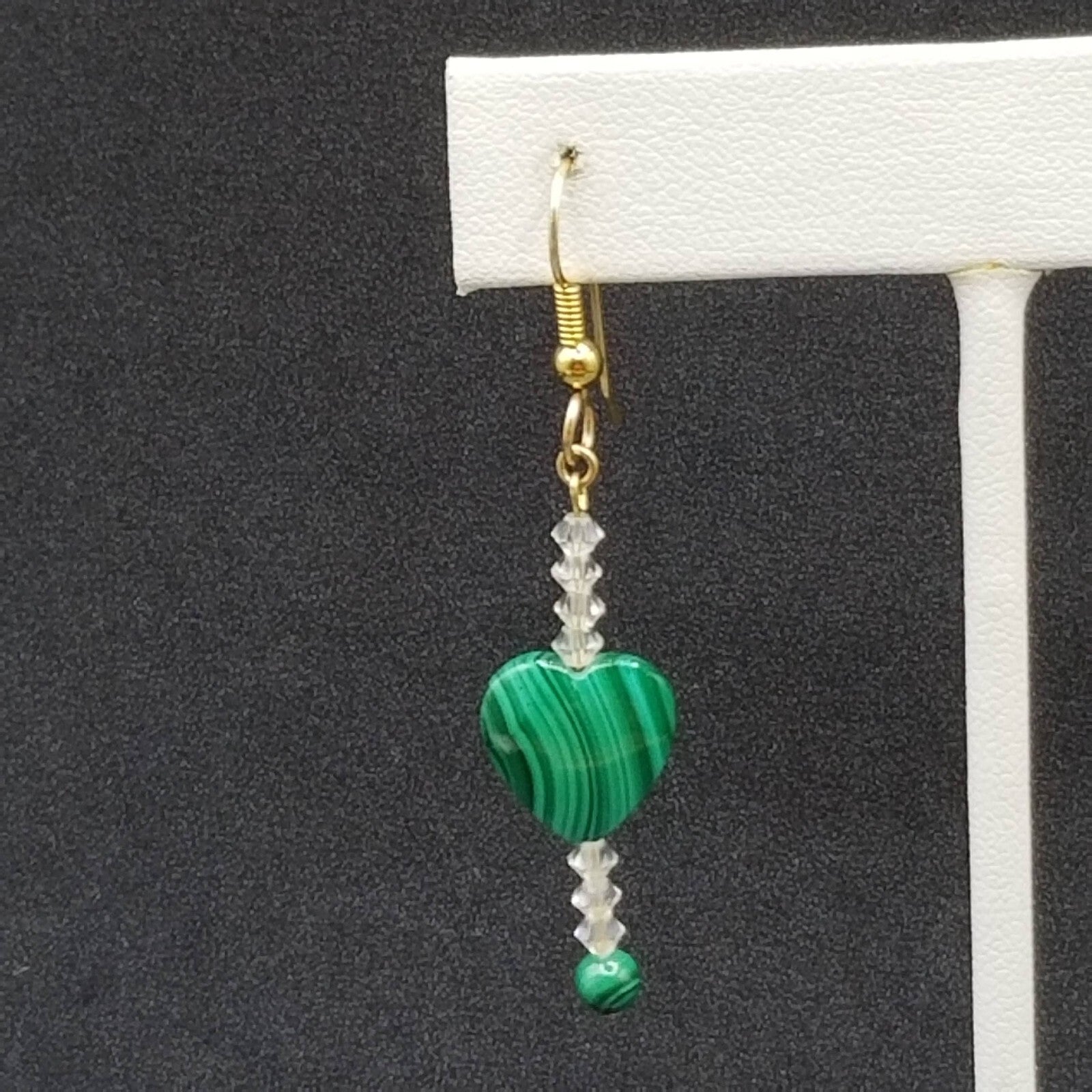 Pierced Earrings Gold tone Green Malachite Heart Crystal Beaded Dangle 1 3/8"