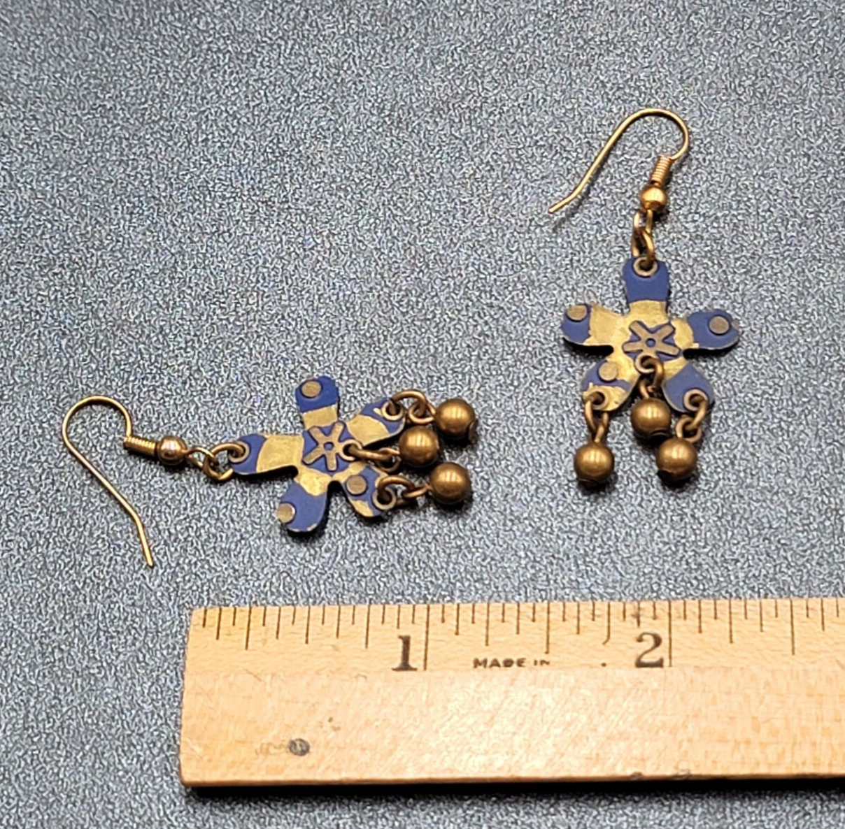 Pierced Earrings Brass Flower Blue Enamel Dangle 1.25"