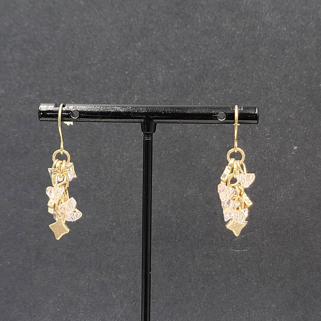 Pierced Earrings Gold tone Pink Crystal Cluster Bead Dangle 1"