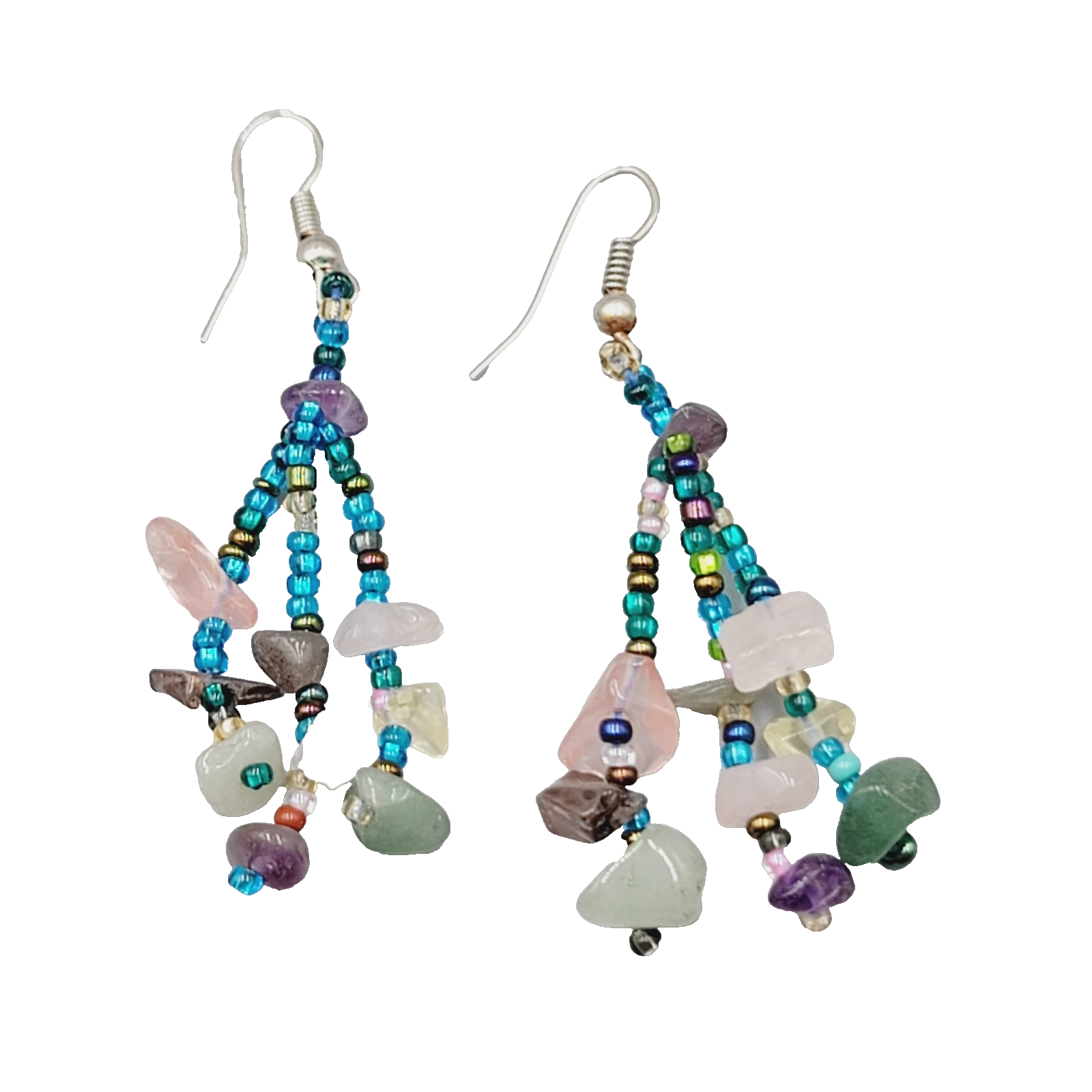 Bohemian Dangle Pierced Earrings Gemstone Chips Seed Bead Silver tone 1.75"