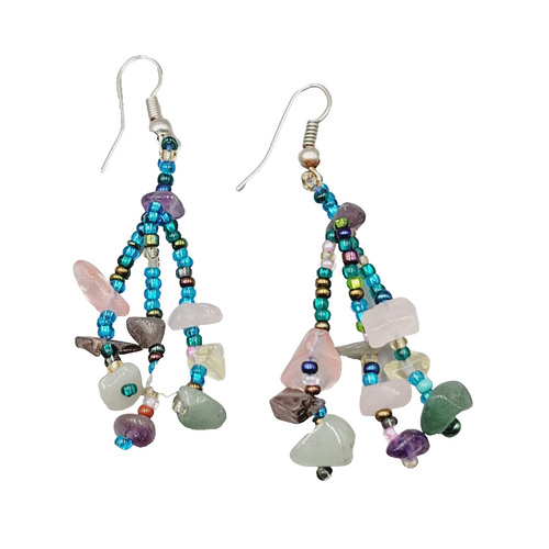 Bohemian Dangle Pierced Earrings Gemstone Chips Seed Bead Silver tone 1.75"