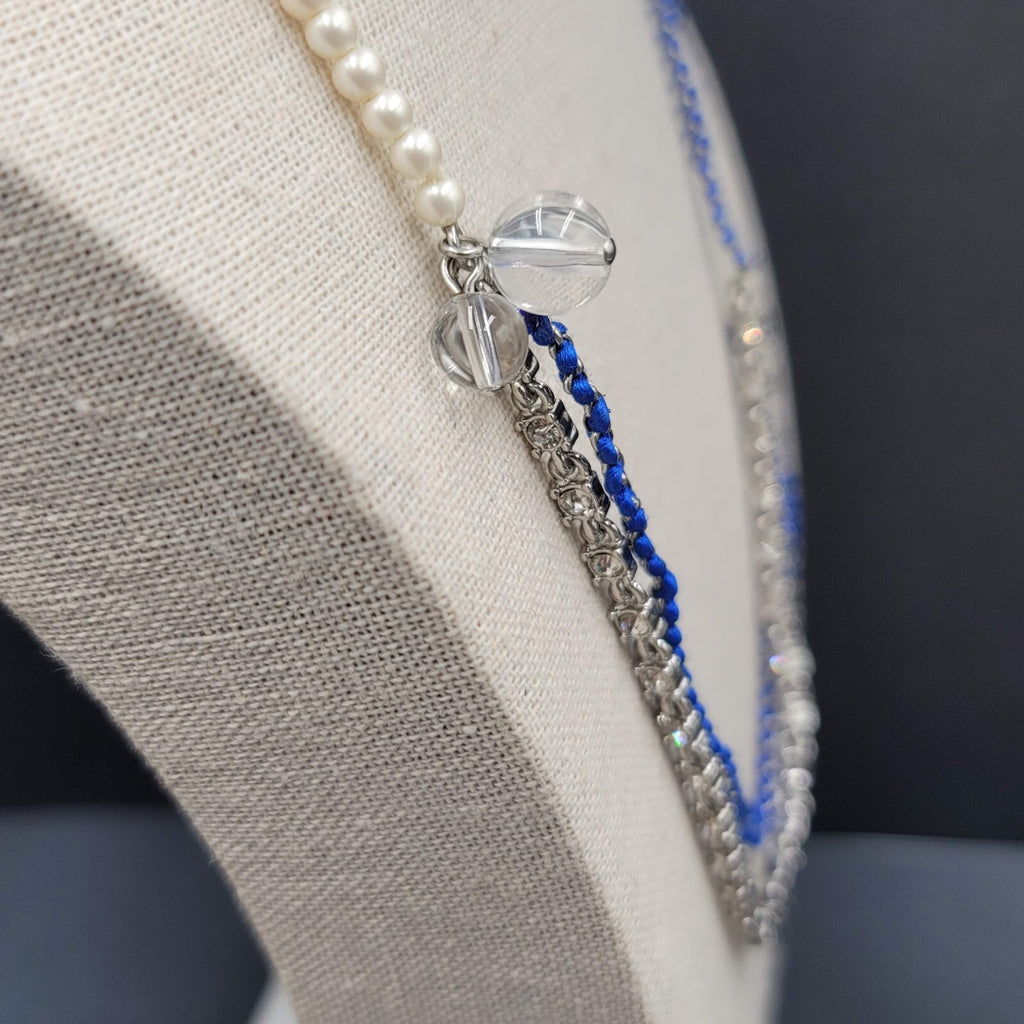 Ann Taylor Necklace Silver tone Chain Rhinestone Imitation Pearls Royal Blue 22"