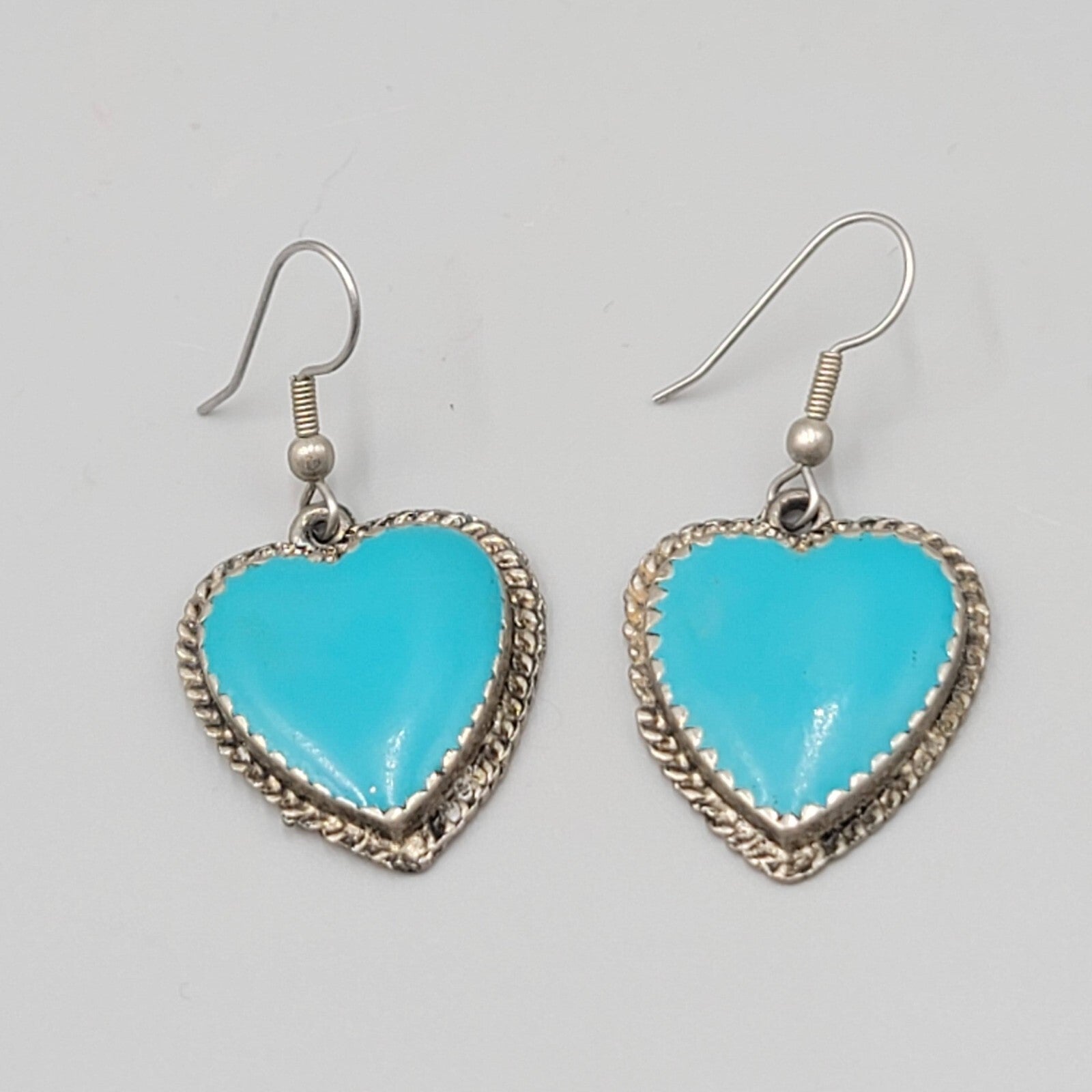 Vintage Heart Pierced Earrings Blue Enamel Southwest Statement Dangle  1 1/8"