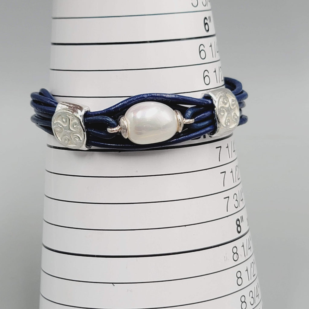 Navy Blue Cord Bracelet Imitation Pearl Silver tone 7"
