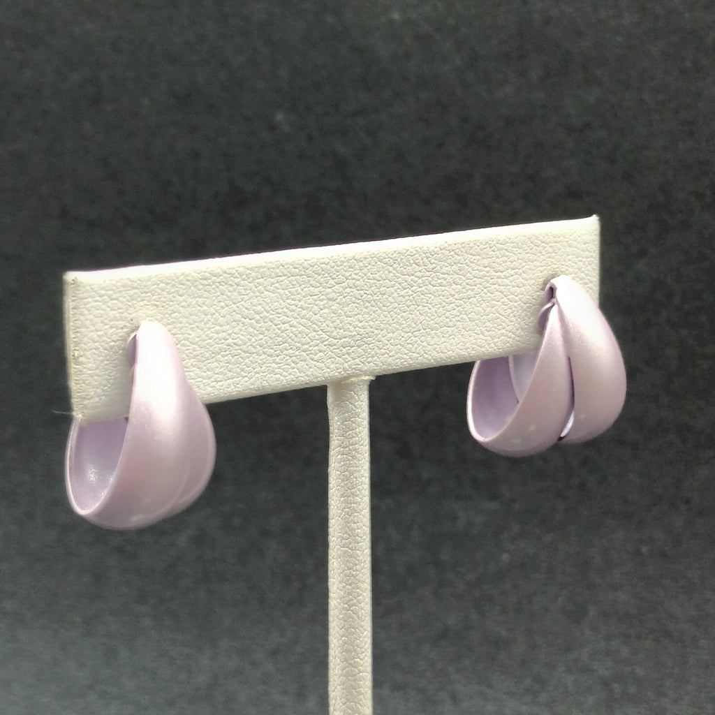 Vintage Pierced Earrings Purple enamel Dual Band Flat Hoop 7/8"