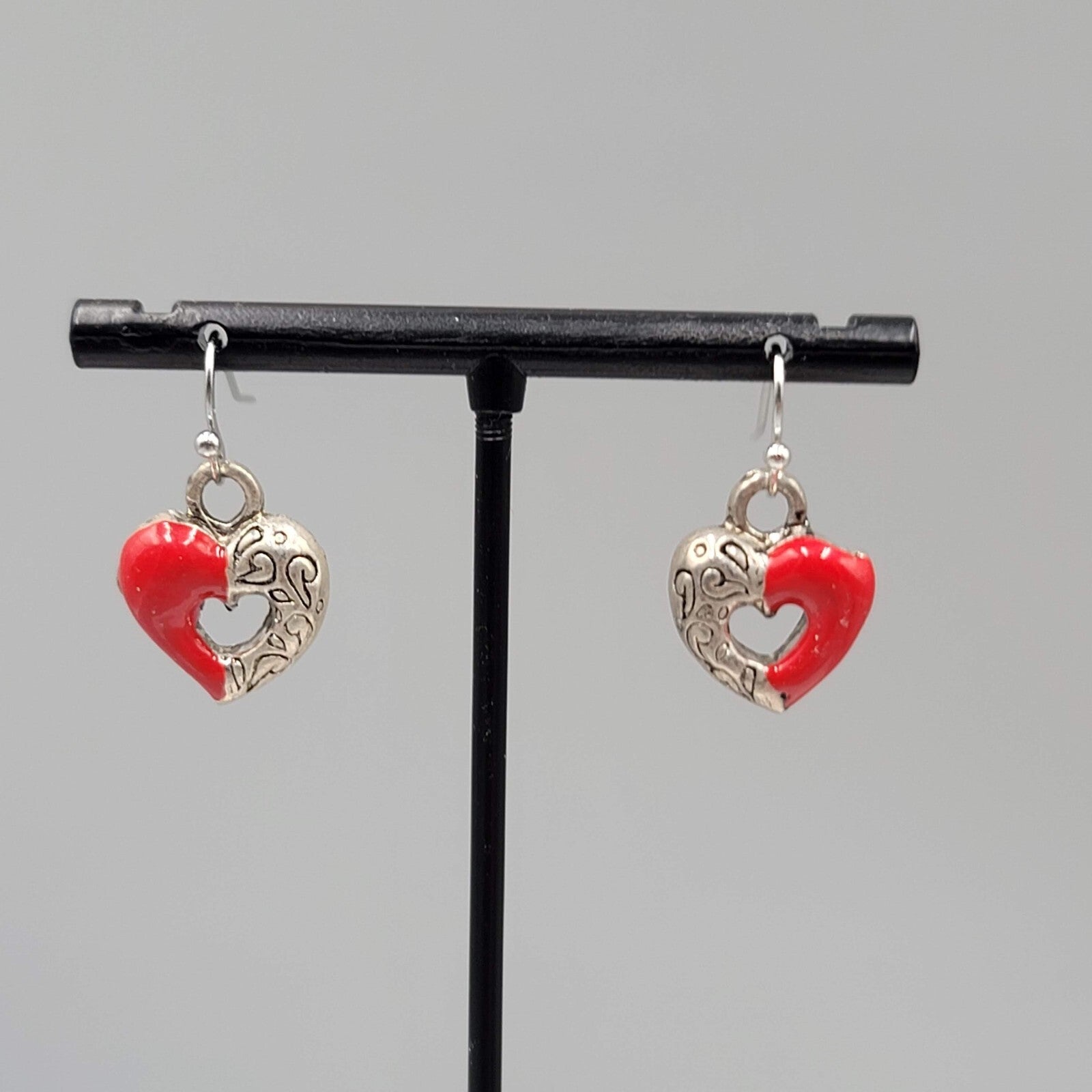 Heart Pierced Earrings Silver tone Red Enamel Dangle 5/8"