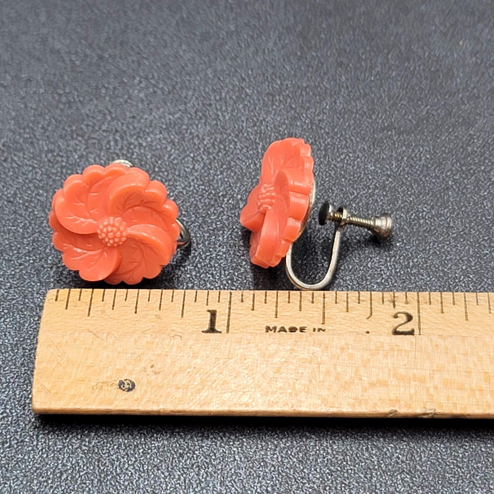 Vintage Clip on Earrings Coral Pink Plastic Flower Studs Screw Back 3/4"