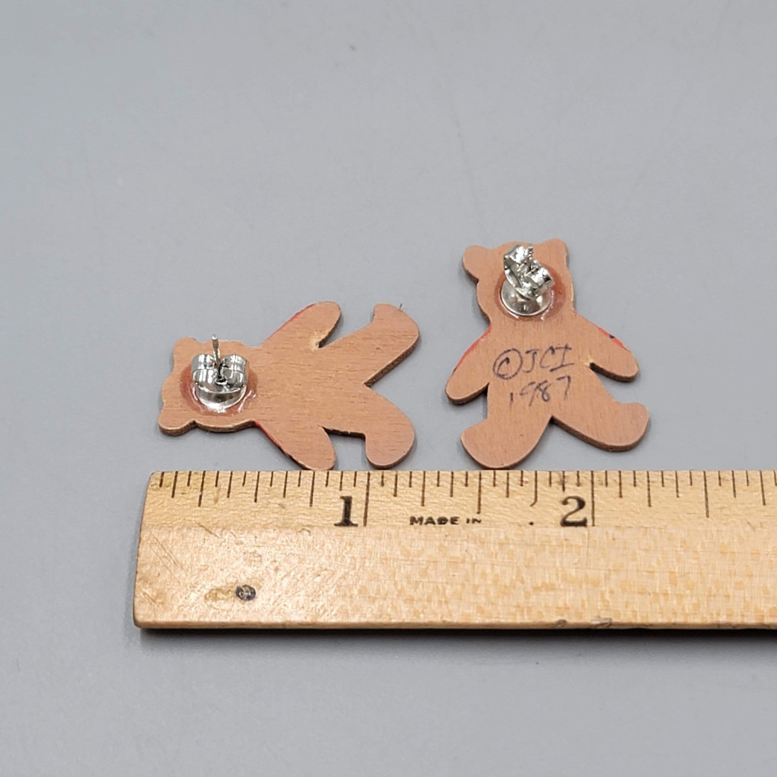 Vintage Hand Painted Denver Broncos Pierced Earrings Wood Teddy Bear 1 1/8"