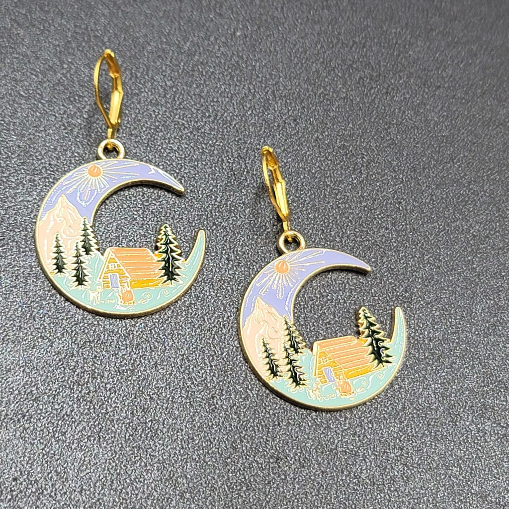 New Camping Scene Pierced Earrings Gold tone Enamel Dangle Moon Tent 1.25" FS