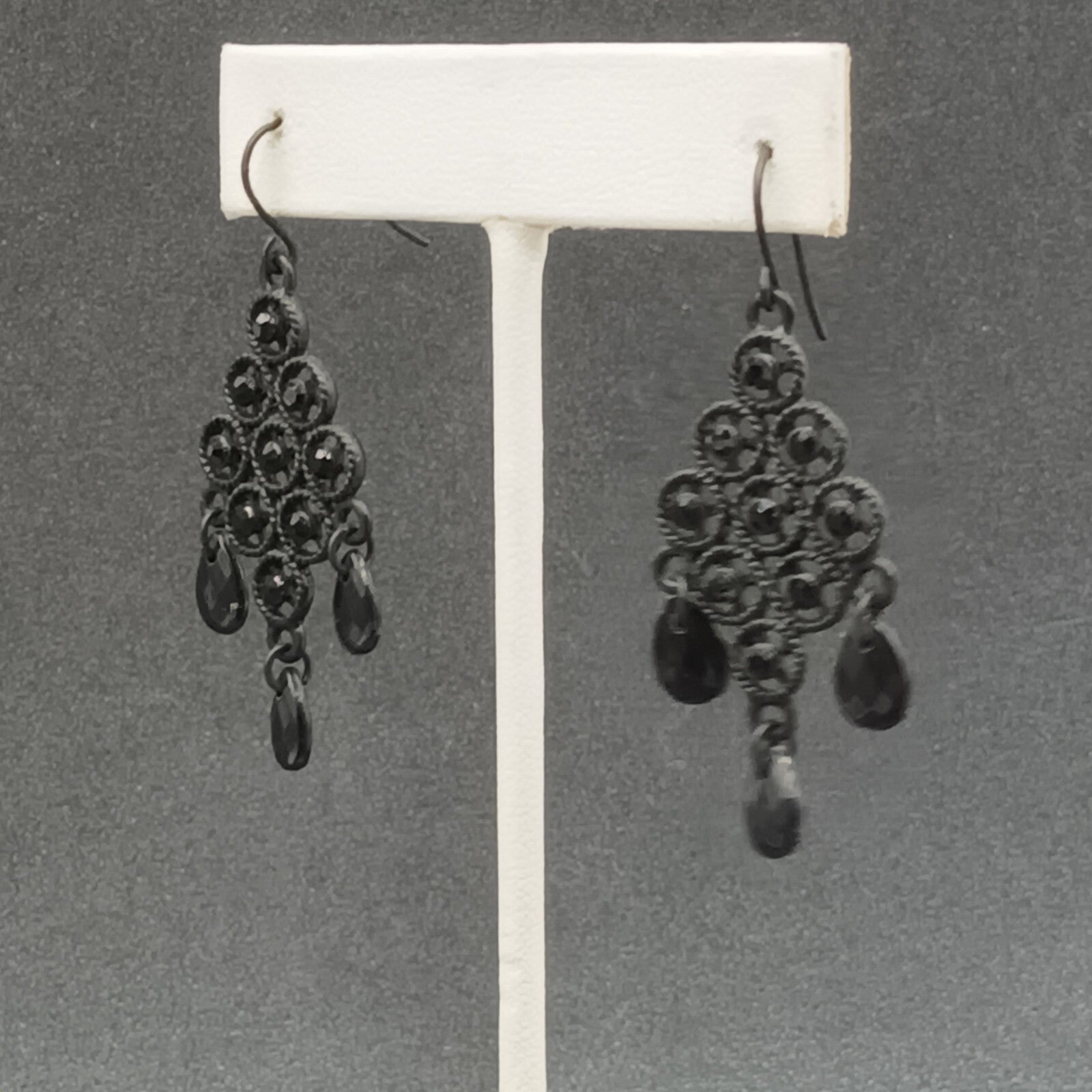 Pierced Earrings Black Metal Faceted Acrylic Chandelier Statement Dangle 1 3/4"