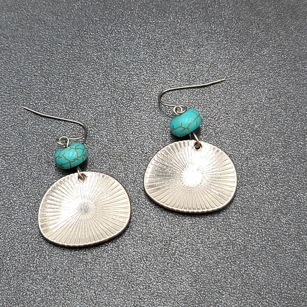 Pierced Earrings Hammered Silver tone Blue Howlite Stone Dangle  1.25"