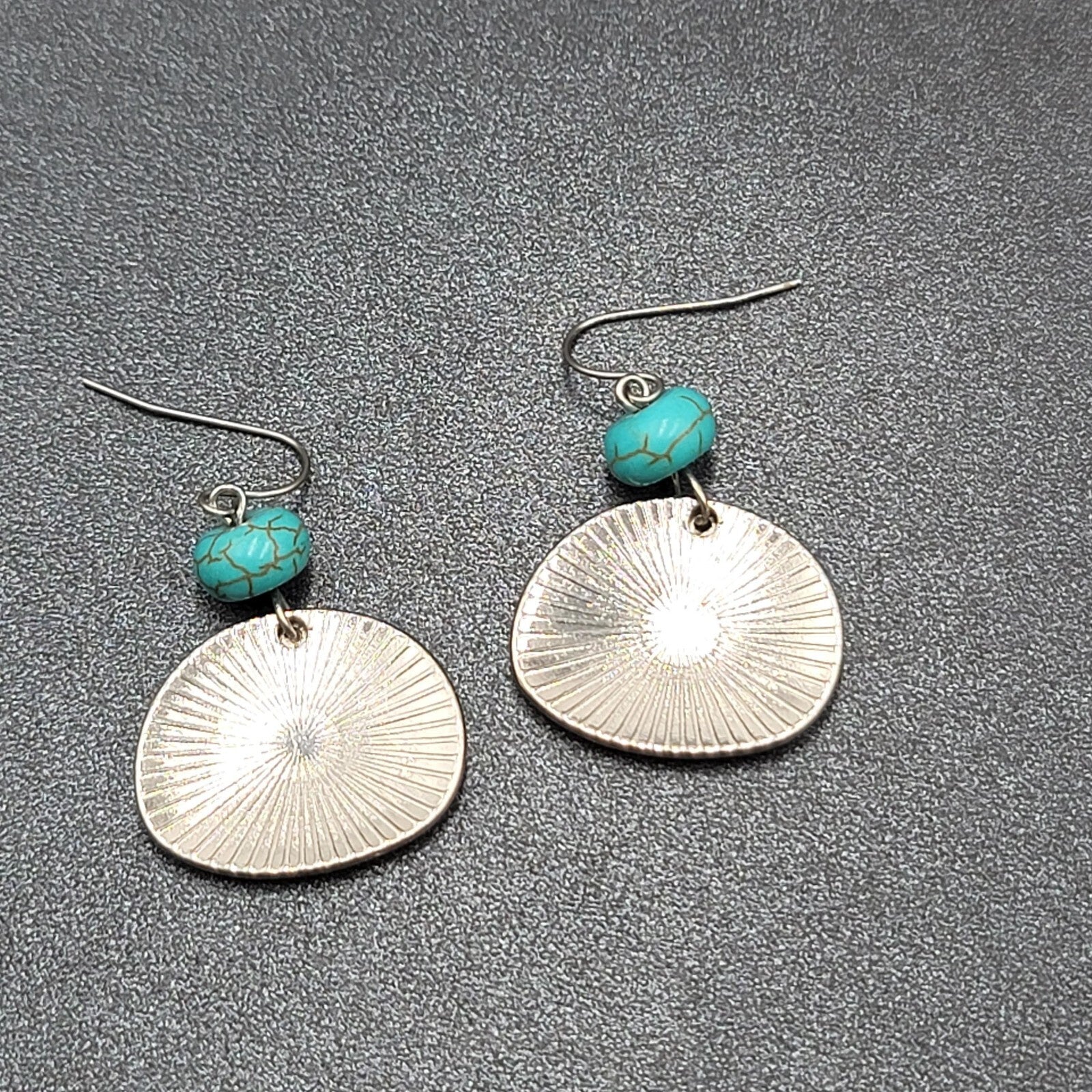 Pierced Earrings Hammered Silver tone Blue Howlite Stone Dangle  1.25"