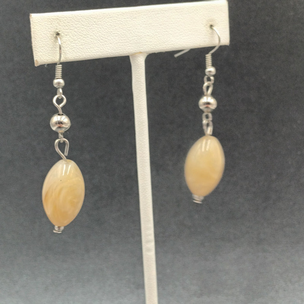 Pierced Earrings Silver tone Tan Swirl Acrylic Bead Dangle 1.5"