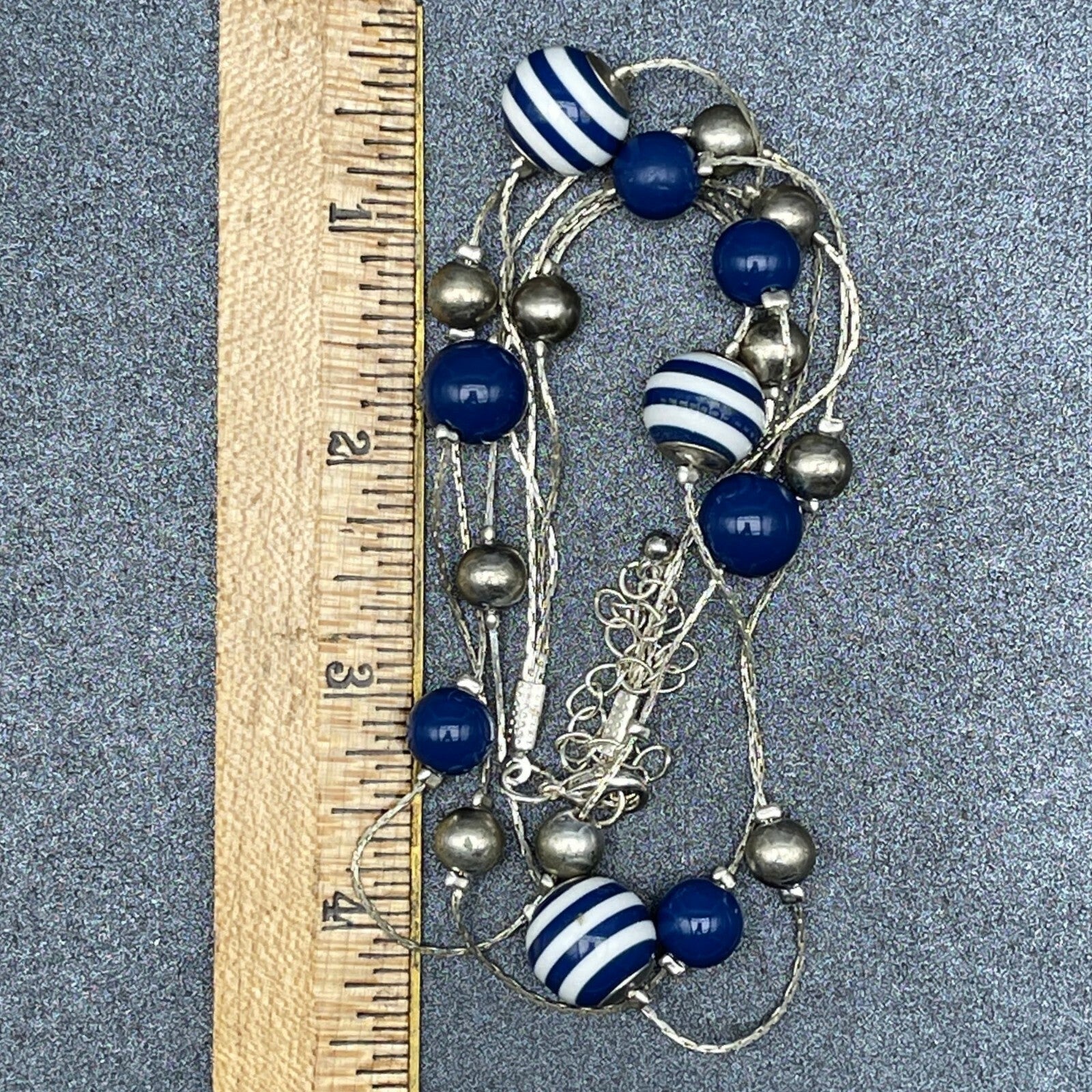 Vintage Silver tone Triple Chain Blue Stripe Bead Station Necklace 15.5" - 17.5"