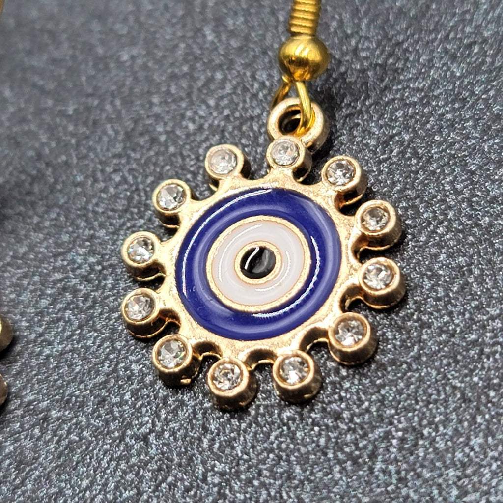 New Evil Eye Rhinestone Pierced Earrings Crystal Gold tone Blue Enamel 3/4"