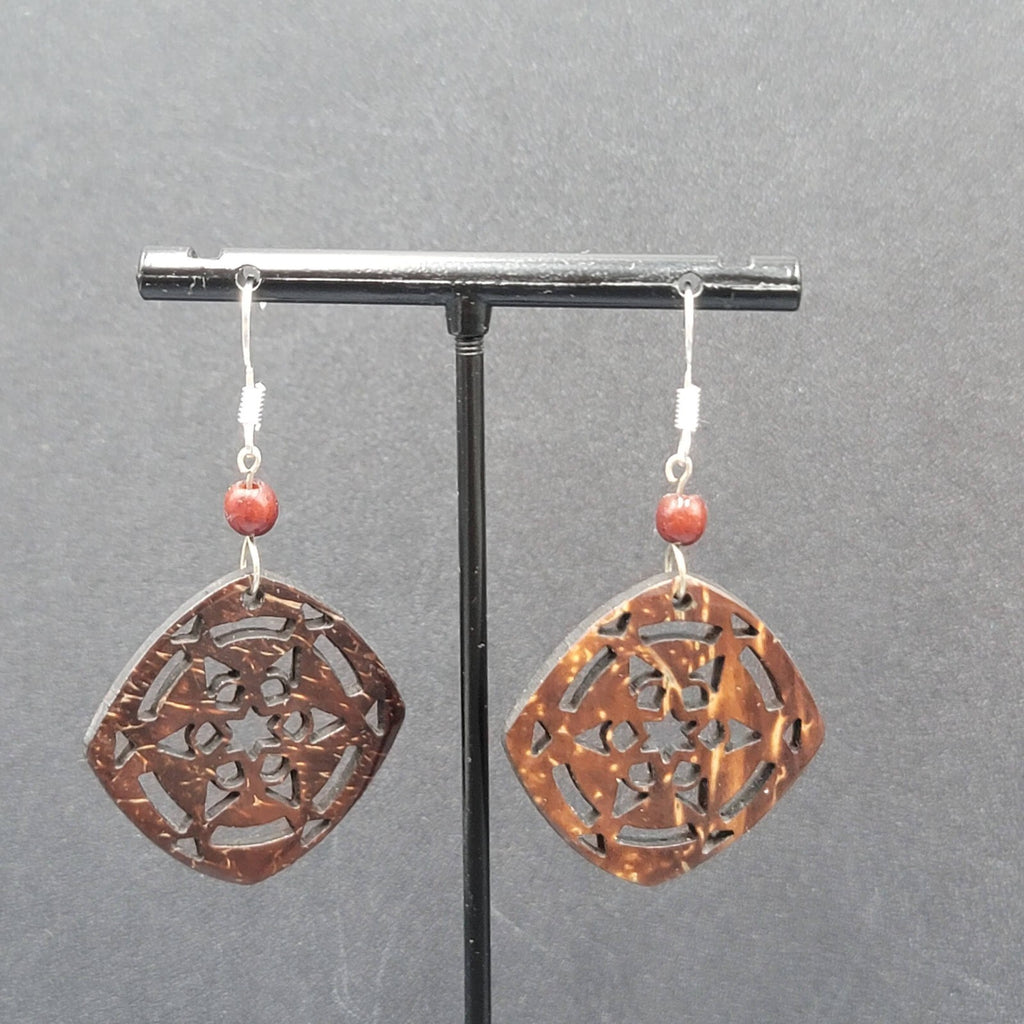 Pierced Earrings Silver tone Cut Coconut Bead Dangle 1.5"