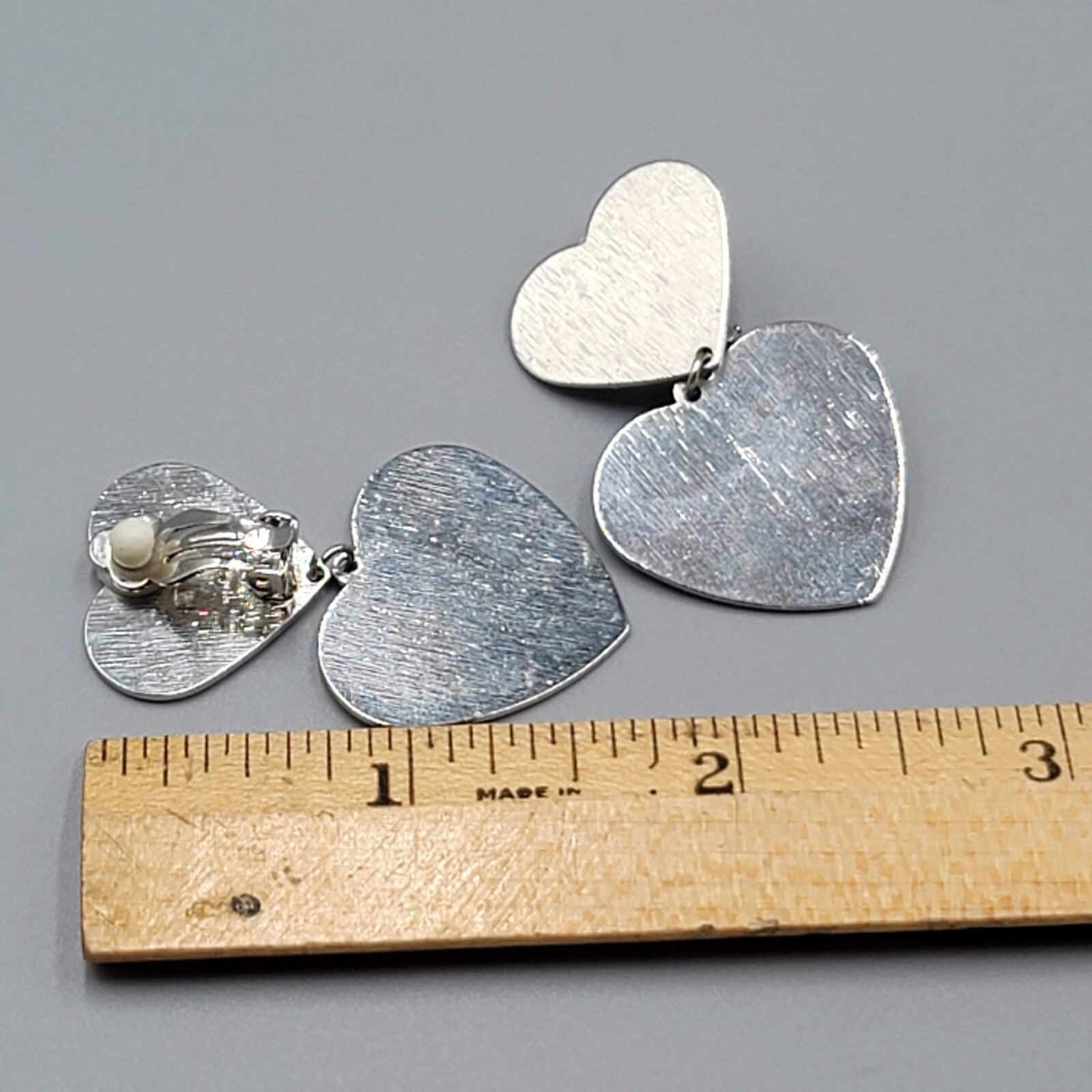 Double Heart Clip on Earrings Textured Silver tone Dangle 1 5/8"