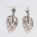 Silver tone Feather Dangle Pierced Earrings Gray Bead Crystal 2.25"