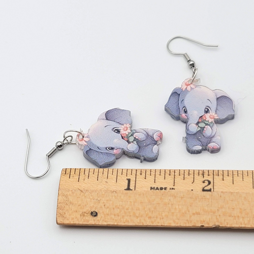 Elephant Pierced Earrings Acrylic Silver tone Dangle  1.25 in