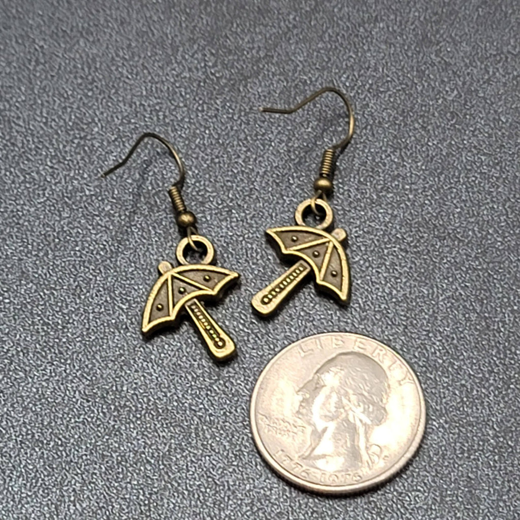 New Umbrella Pierced Earrings Embossed Bronze tone Dangle 3/4"