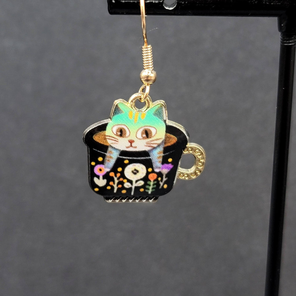 Pierced Earrings Gold tone Enamel Kitty Cat in Tea cup Dangle 3/4"