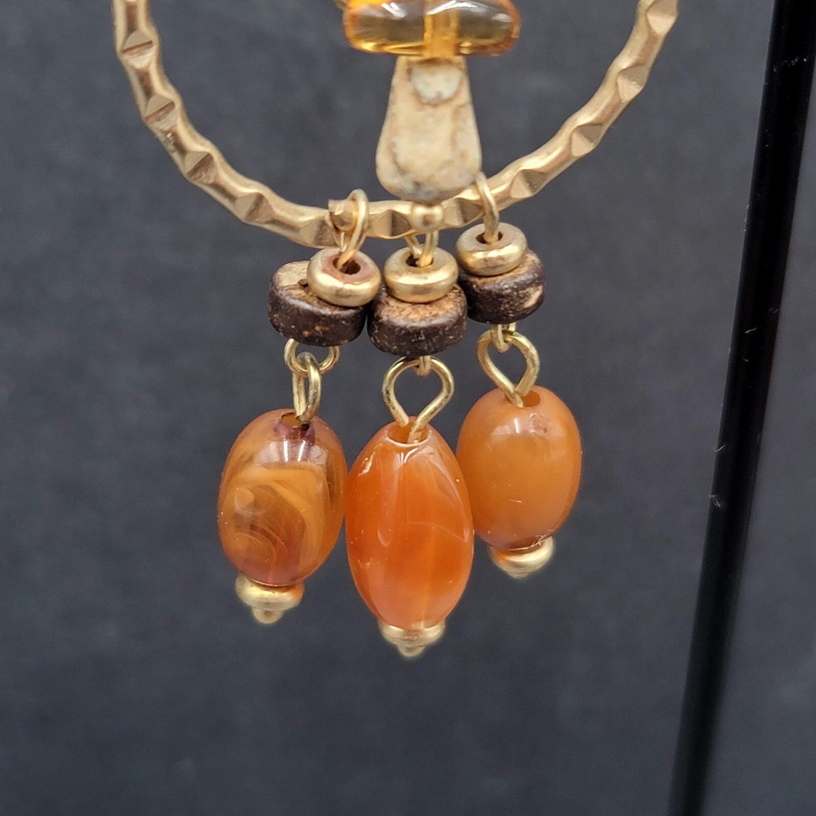 Pierced Earrings Gold tone Natural Colored Acrylic Beads Coconut Shell Bead 2.5"