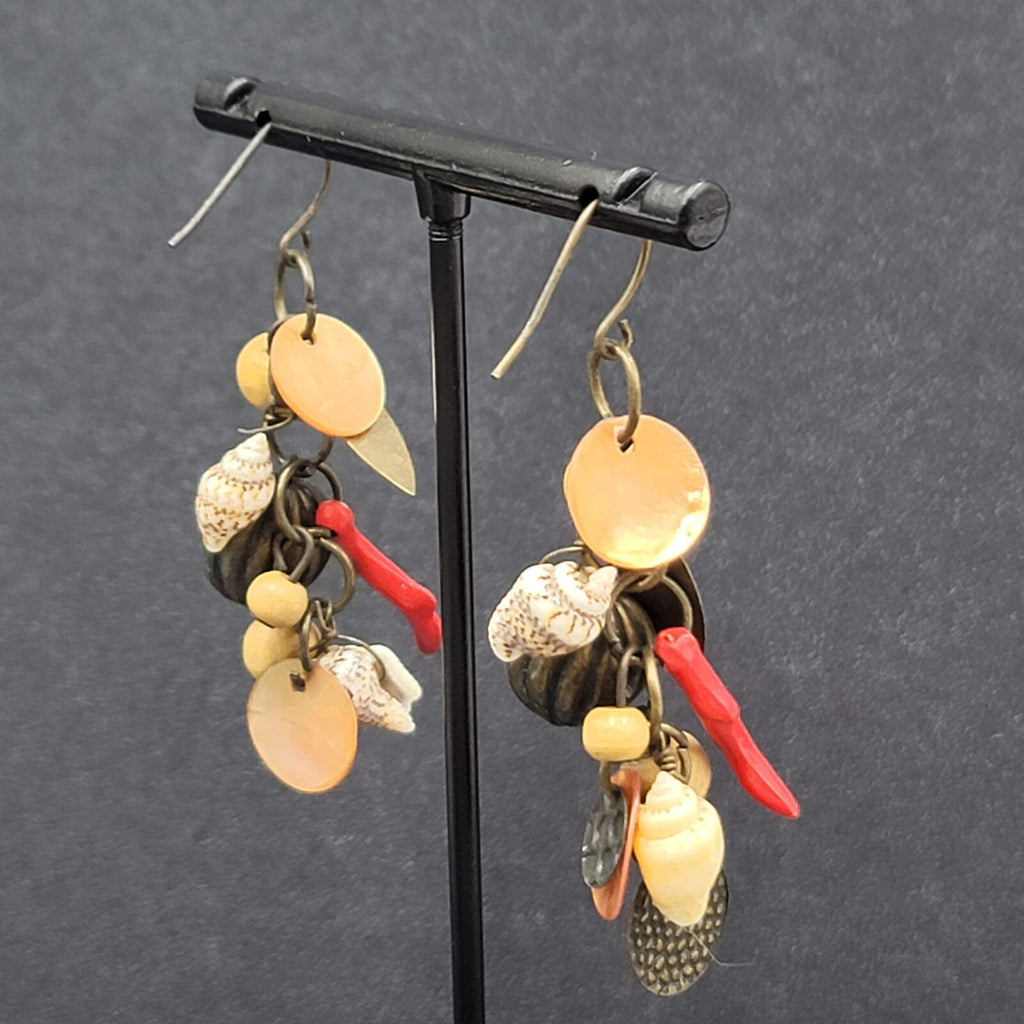 Charm Pierced Earrings Bronze tone Seashells Beads 2"