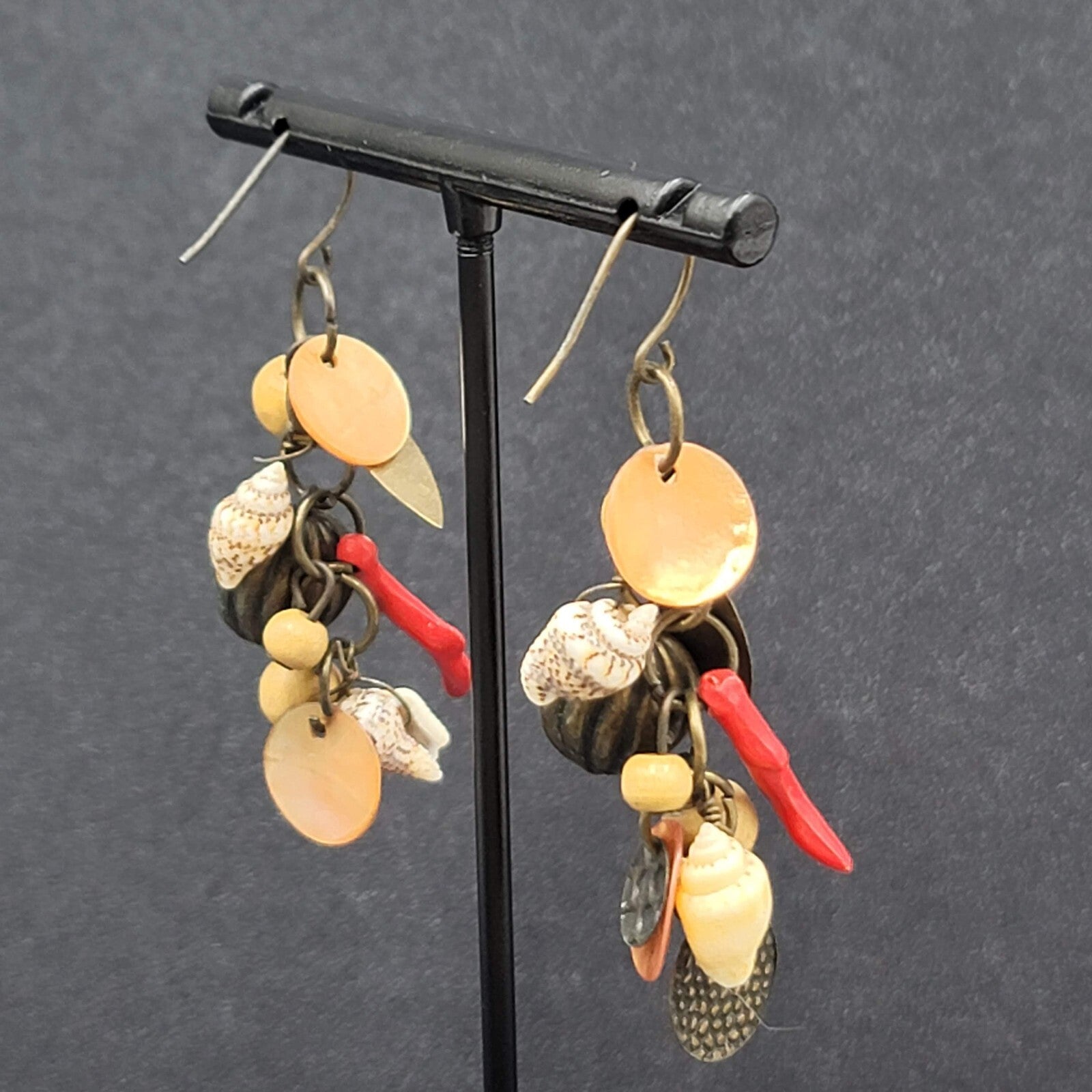 Charm Pierced Earrings Bronze tone Seashells Beads 2"