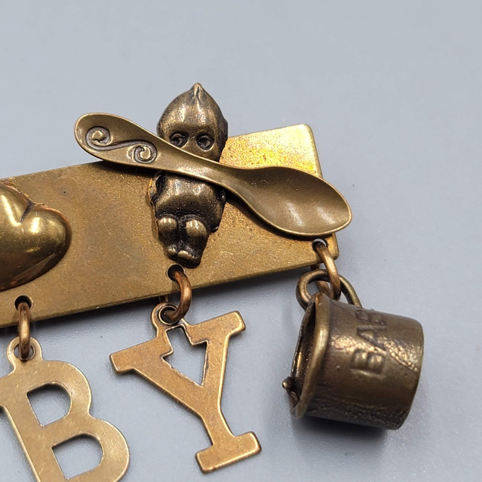 Jan Michaels San Francisco Brooch BABY Charm Dangle Brass 2.25"