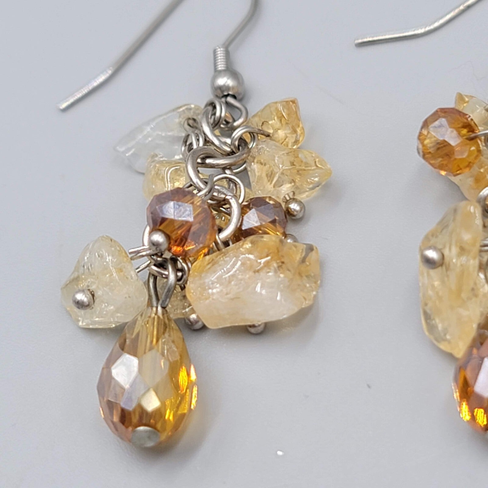 Quartz and Crystal Cluster Beads Pierced Earrings Silver tone Dangle 1.5"