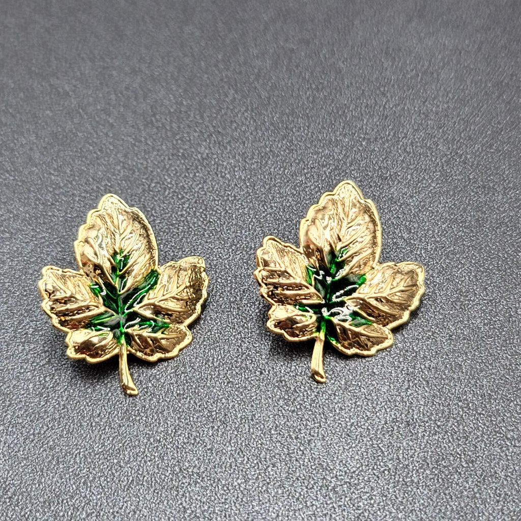 Pierced Earrings Gold tone Green Enamel Leaves Drop 1.25"