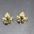 Pierced Earrings Gold tone Green Enamel Leaves Drop 1.25"