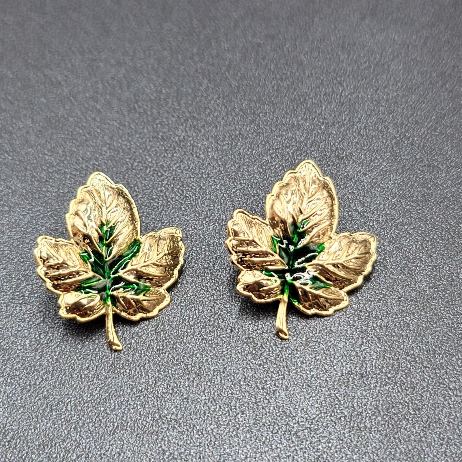 Pierced Earrings Gold tone Green Enamel Leaves Drop 1.25"