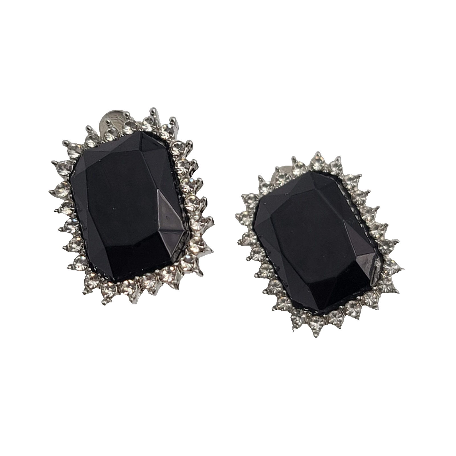 Vintage Faceted Black Glass Clip on Earrings Silver tone 1 in