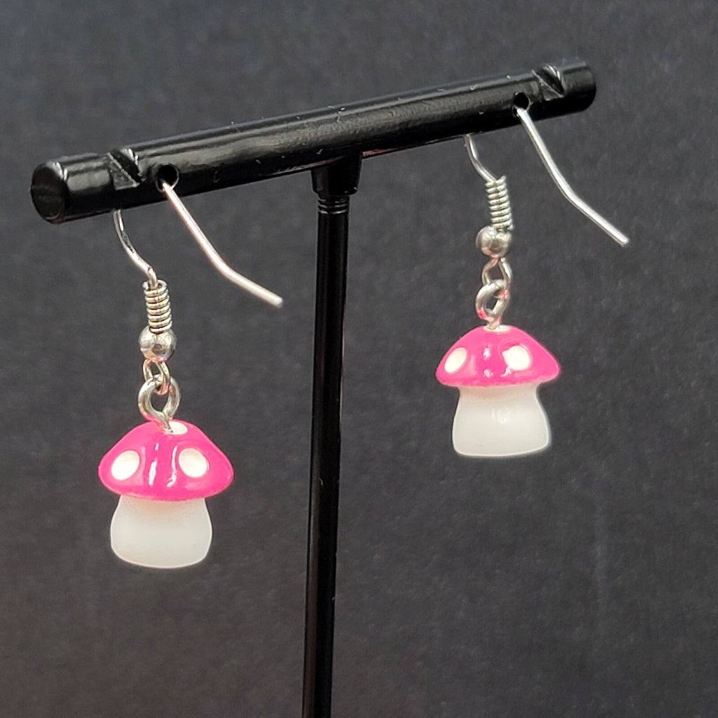 Pink Mushroom Pierced Earrings White Polka Dots Dangle 5/8"