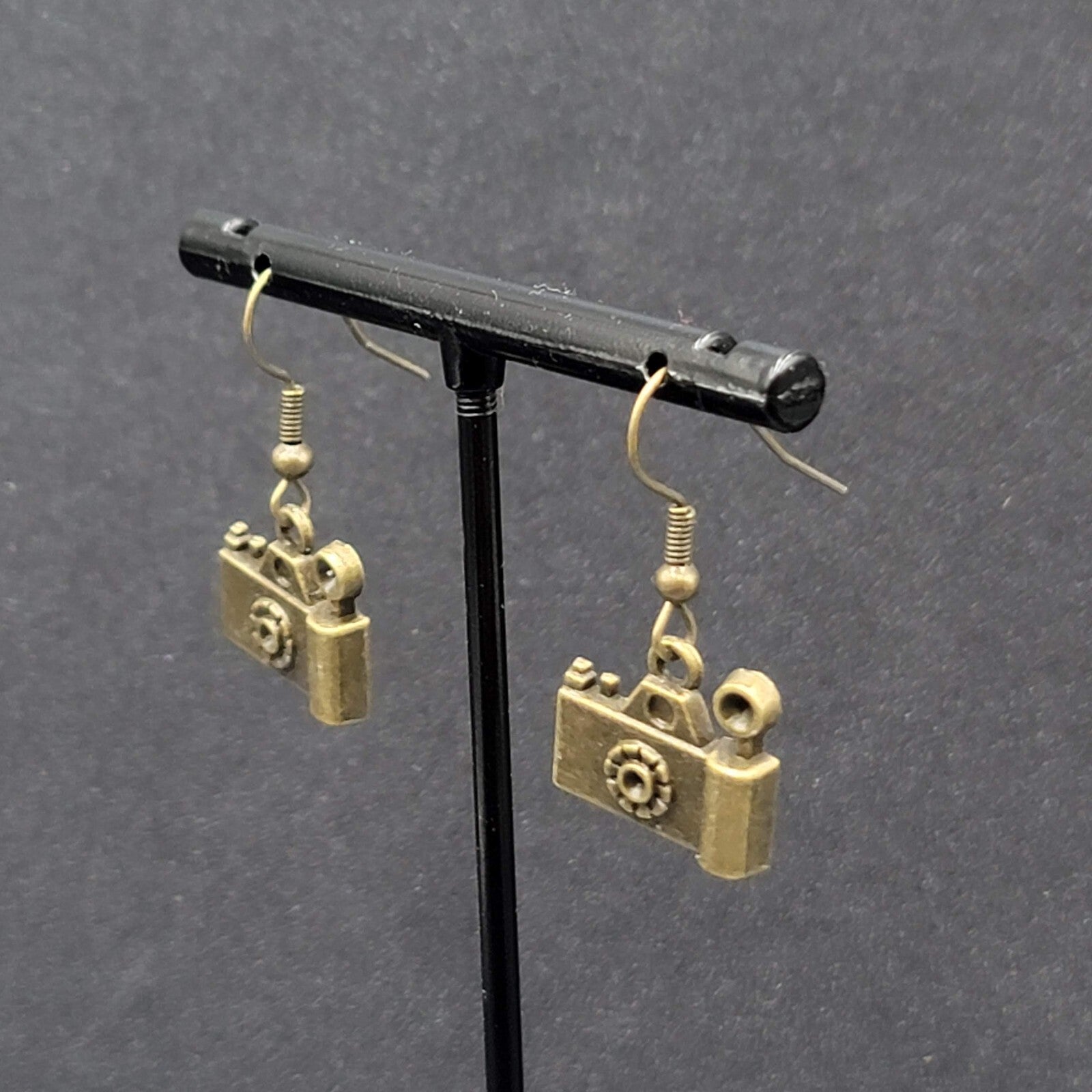 Camera Pierced Earrings Retro Bronze tone Dangle 1/2"