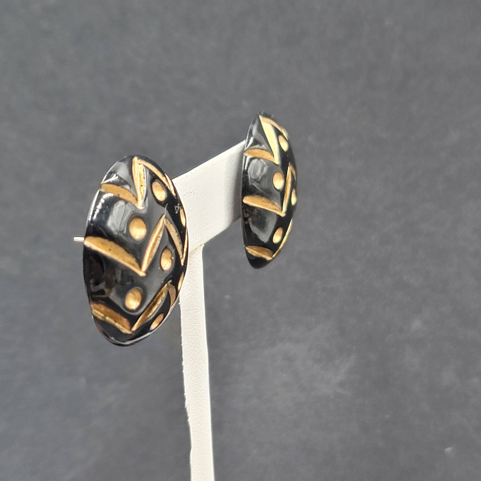Vintage Pierced Earrings Wood Black Gold Painted Dome Button Stud  1.25"