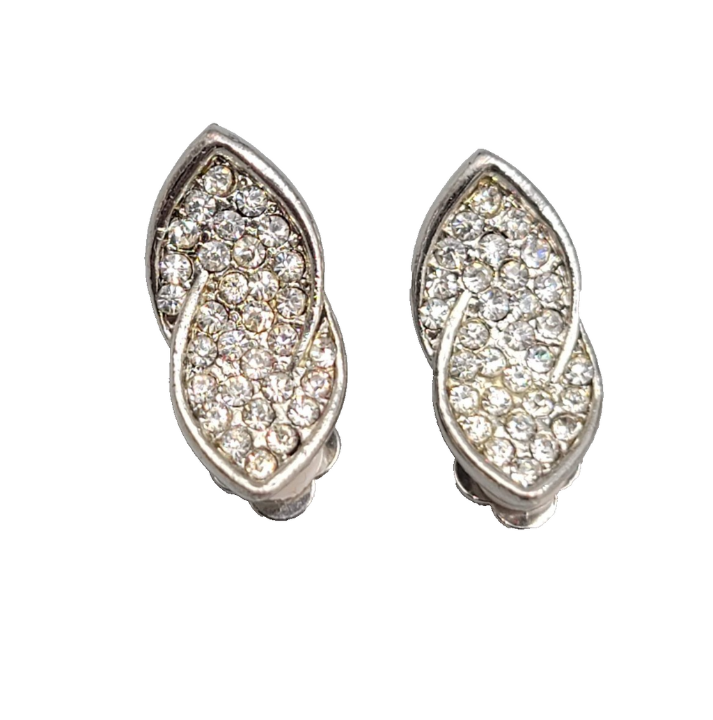 Vintage Curved Rhinestone Clip on Earrings Silver tone Drop 7/8 in
