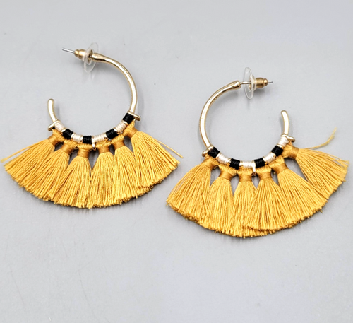Boho Tassel Hoop Earrings Gold Tone Statement Dangle Festival Costume 2"