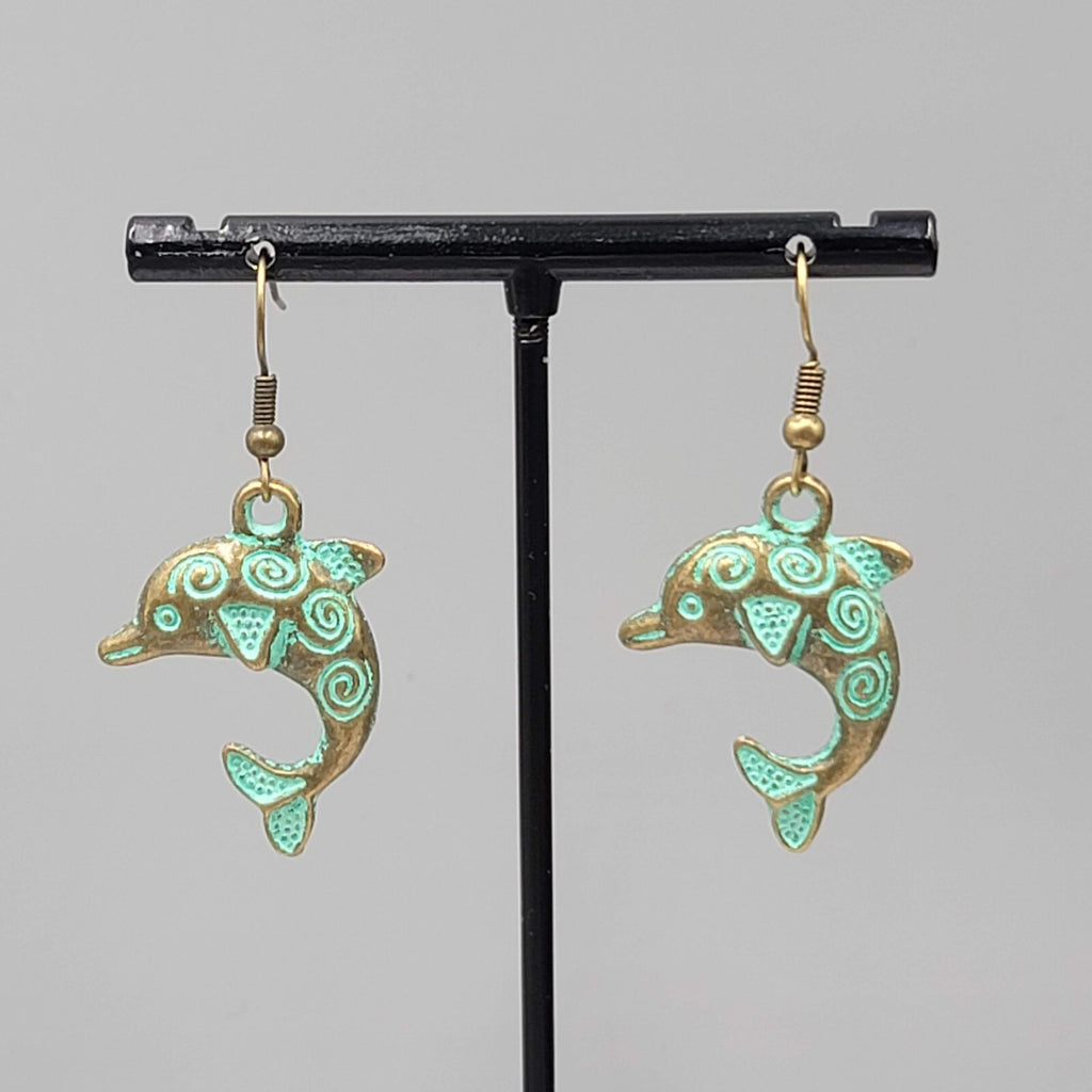Dolphin Beach Sea life Pierced Earrings Bronze tone Green wash Dangle 1.25"