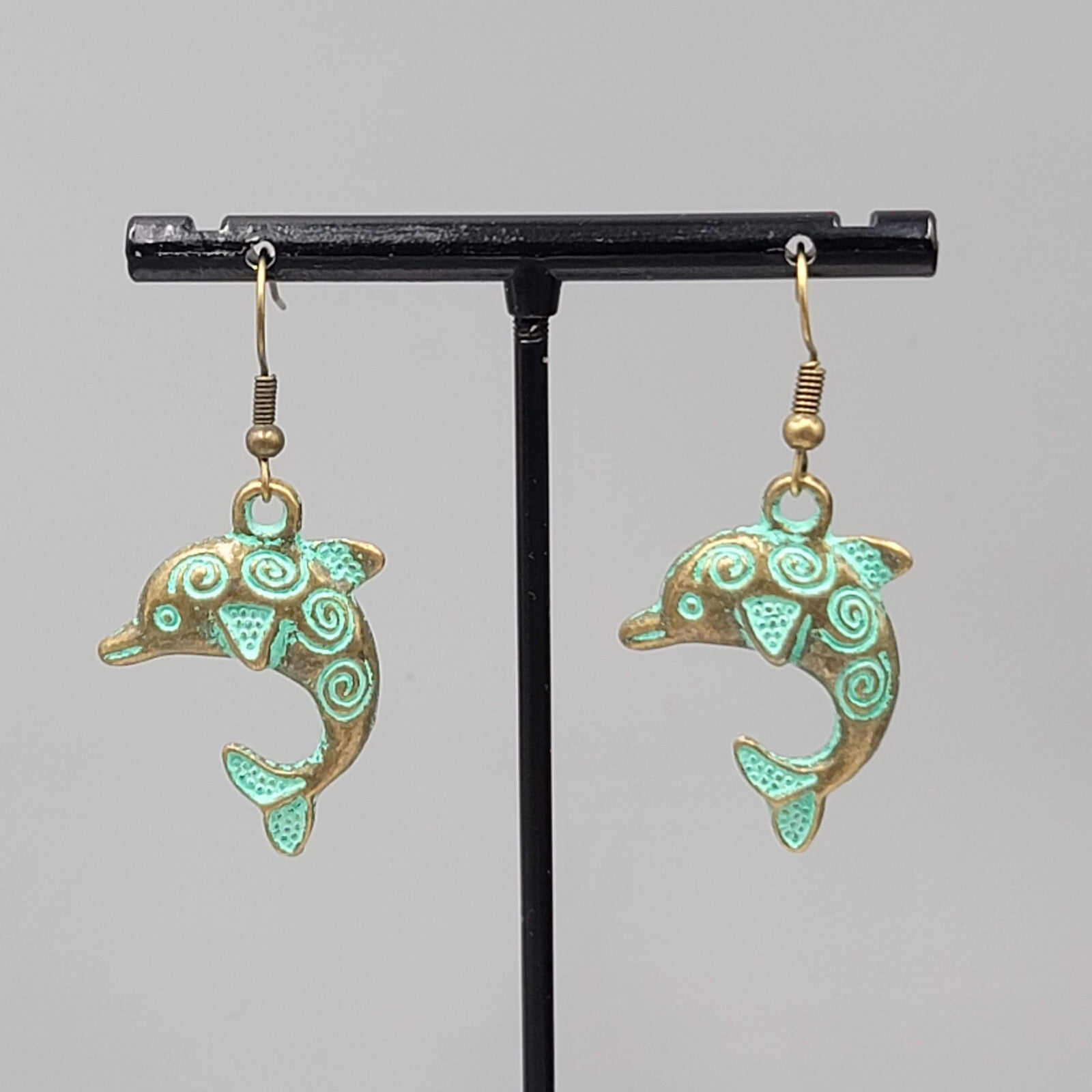 Dolphin Beach Sea life Pierced Earrings Bronze tone Green wash Dangle 1.25"