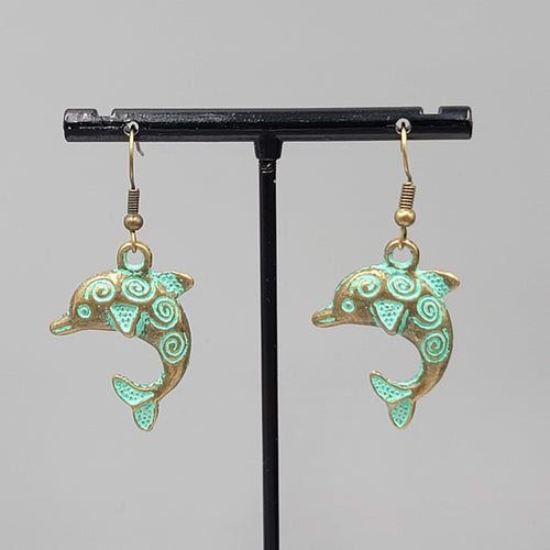 Dolphin Beach Sea life Pierced Earrings Bronze tone Green wash Dangle 1.25"